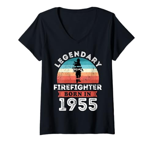 Damen Legendary Firefighter Born in 1955, 70th Birthday Men T-Shirt mit V-Ausschnitt von Firefighter 1955 Legends Gifts for Mens 70th Bday