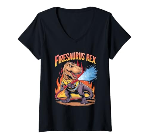 Damen Firesaurus Rex Feuerwehr T Rex T-Shirt mit V-Ausschnitt Damen Firesaurus Rex Feuerwehr T Rex T-Shirt mit V-Ausschnitt von Firefighter Fire Fireman Fire Truck