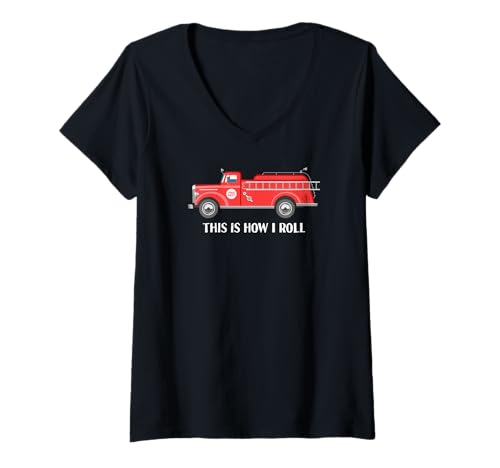Damen Lustiger Vintage-Feuerwehrwagen This is How I Roll T-Shirt mit V-Ausschnitt Damen Lustiger Vintage-Feuerwehrwagen This is How I Roll T-Shirt mit V-Ausschnitt von Firefighter Fireman
