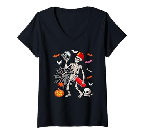 Damen Feuerwehrmann Job Horror Skelett Halloween Kostüm Team T-Shirt mit V-Ausschnitt Damen Feuerwehrmann Job Horror Skelett Halloween Kostüm Team T-Shirt mit V-Ausschnitt von Firefighter Halloween Costume