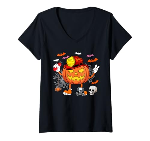 Damen Feuerwehrmann Job Horror geschnitzt Kürbis Halloween Kostüm Team T-Shirt mit V-Ausschnitt Damen Feuerwehrmann Job Horror geschnitzt Kürbis Halloween Kostüm Team T-Shirt mit V-Ausschnitt von Firefighter Halloween Costume