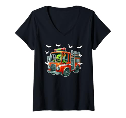 Damen Horror Rat As Zombies Driving Fire Truck Halloween Driver T-Shirt mit V-Ausschnitt Damen Horror Rat As Zombies Driving Fire Truck Halloween Driver T-Shirt mit V-Ausschnitt von Firefighter Halloween Costume