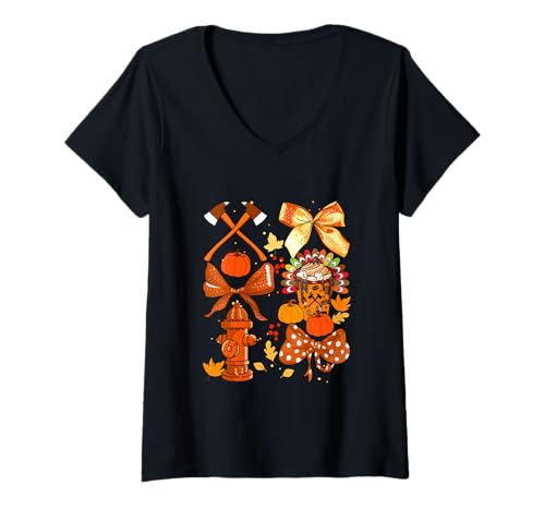 Damen Thanksgiving Collection Feuerwehrmann-Werkzeuge, Fliege, Kürbisse T-Shirt mit V-Ausschnitt von Firefighter Holiday List Costume