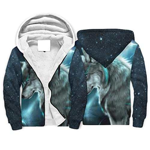 Firelife Wolf Galaxie Herren Kapuzenjacke Langarm Kapuzenpullover mit Reißverschluss Winter Warm Sherpa Innenseite Hoodie Pullover Jacke Fleecejacke mit Kapuze White XXL von Firelife