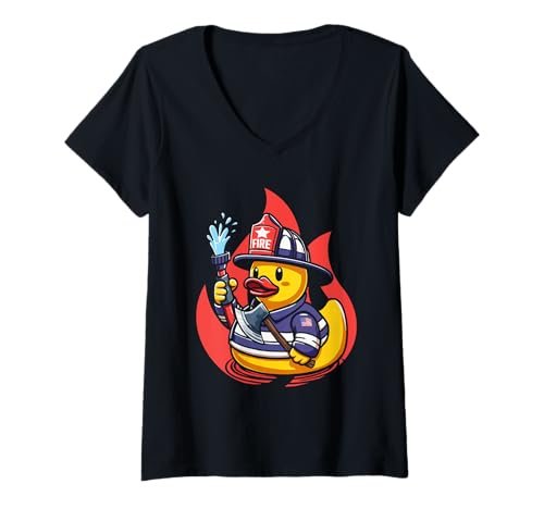 Damen Feuerwehr-Gummiente T-Shirt mit V-Ausschnitt Damen Feuerwehr-Gummiente T-Shirt mit V-Ausschnitt von Fireman Ducklings