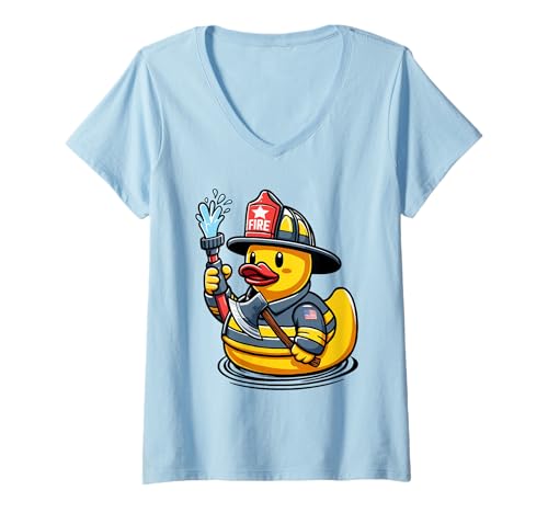 Damen Feuerwehr-Gummiente T-Shirt mit V-Ausschnitt Damen Feuerwehr-Gummiente T-Shirt mit V-Ausschnitt von Fireman Ducklings