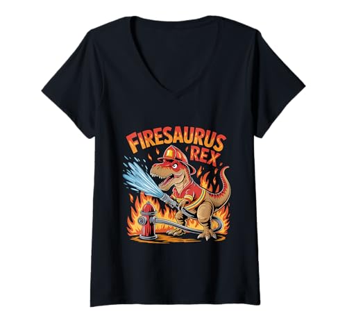 Damen Firesaurus Rex Feuerwehrmann Dinosaurier T-Rex Feuerwehr T-Shirt mit V-Ausschnitt Damen Firesaurus Rex Feuerwehrmann Dinosaurier T-Rex Feuerwehr T-Shirt mit V-Ausschnitt von Fireman Firefighter Fire Truck Fire Department