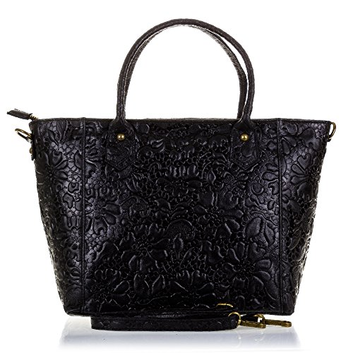 Firenze Artegiani Bolso Tote De Mujer Piel Auténtica, Grabado Arabesco Umhängetasche, 28 cm, Schwarz (Negro) von Firenze Artegiani