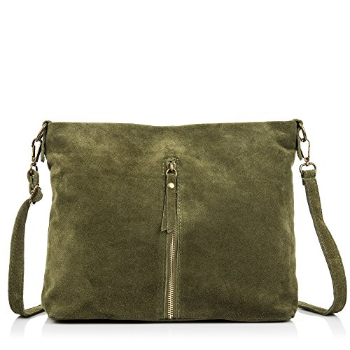 Firenze Artegiani. Damen Echtleder Umhängetasche Camoscio Finish Fronttasche Reißverschlusstasche Umhängetasche Damen Umhängetasche Made in Italy Vera Pelle Italiana, Grün, Utility, grün, Nützlich von Firenze Artegiani