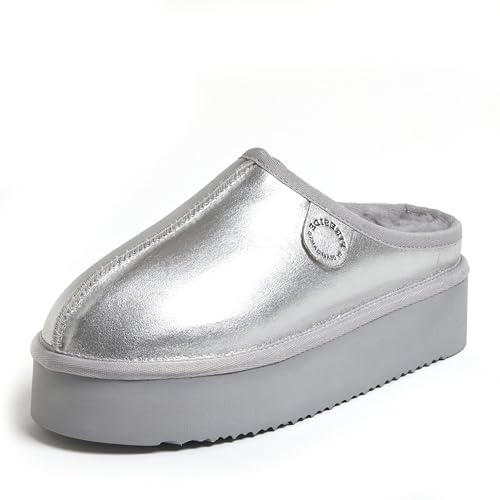 Fireside by Dearfoams Damen Greta Shearling Indoor/Outdoor Clog Slipper, Silberne Plattform, 36 EU von Fireside by Dearfoams