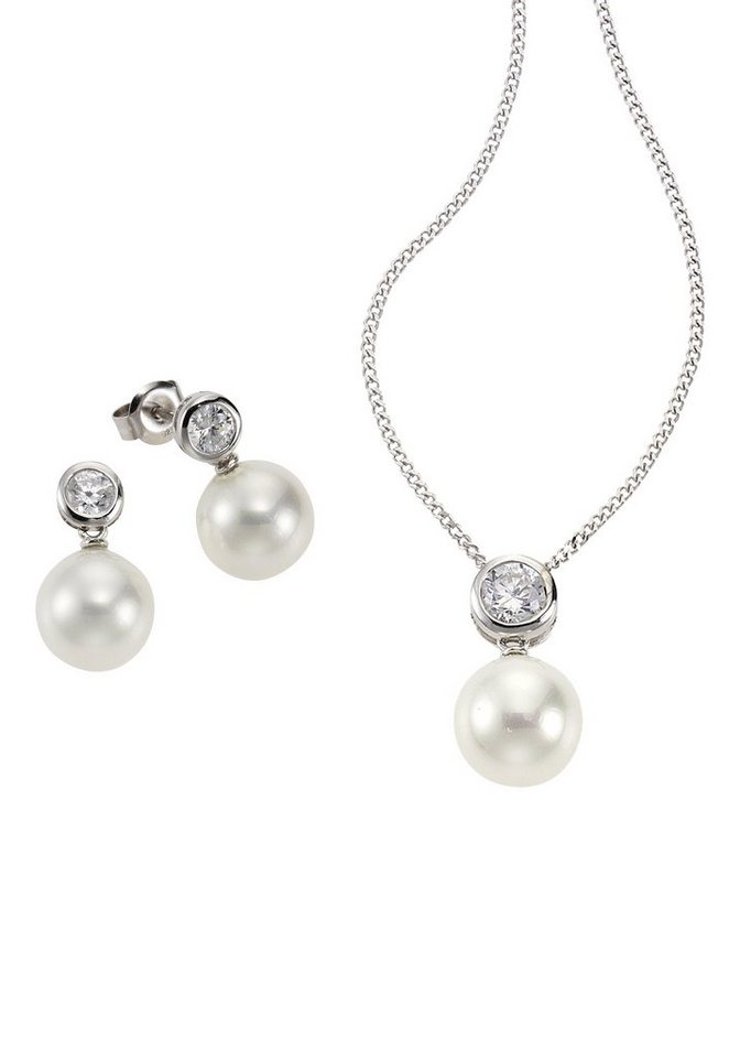 Firetti Ohrring und Ketten Set Multipack Schmuck Geschenk Silber 925 Halskette Ohrstecker Perlschmuck (Set, 4-tlg), mit Zirkonia (synth) - mit Muschelkernperlen von Firetti