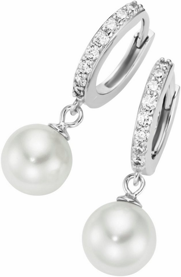 Firetti Paar Creolen Schmuck Geschenk Silber 925 Ohrschmuck Ohrringe Klappcreolen Behang, mit Zirkonia (synth) - mit Muschelperle von Firetti