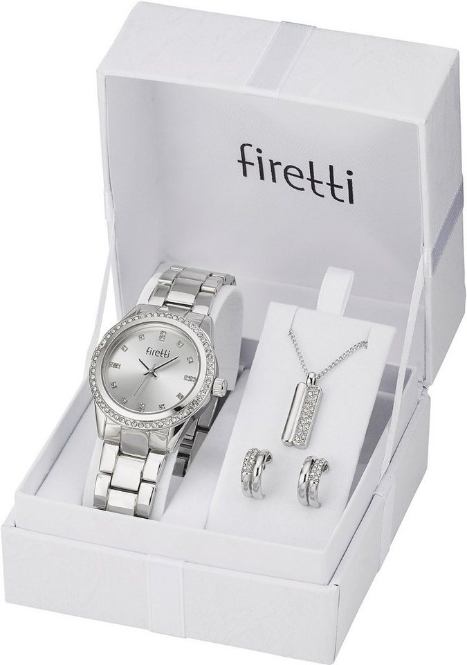 Firetti Quarzuhr, (Set, 4-tlg., inkl. Ohrstecker und Kette mit Anhänger), Armbanduhr, Damenuhr, Glassteine, ideal auch als Geschenk von Firetti