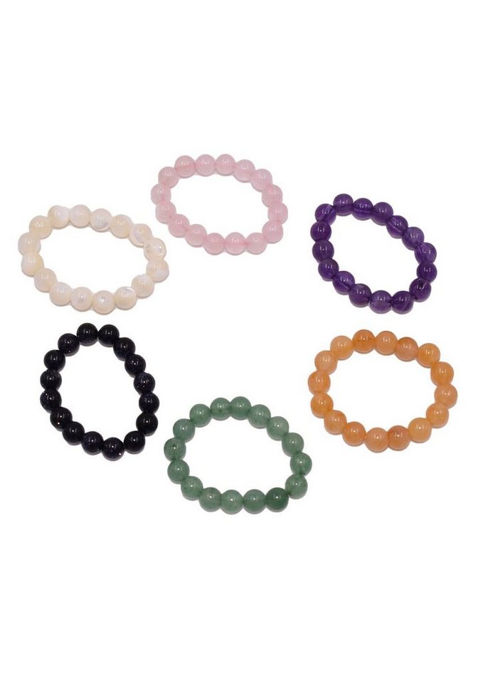 Firetti Ring-Set Multipack Schmuck Geschenk Damenring Zugband Edelstein Farbstein (Set, 6-tlg), mit Amethyst, Rosenquarz, Onyx, Aventurin, Jade - mit Perlmutt von Firetti