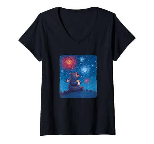 Damen Lächelnder Popcornbär liebt Feuerwerksparty T-Shirt mit V-Ausschnitt Damen Lächelnder Popcornbär liebt Feuerwerksparty T-Shirt mit V-Ausschnitt von Firework Bear Outfit