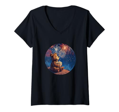 Damen Nettes Popcorn Feuerwerk Kostüm mit süßem Bär T-Shirt mit V-Ausschnitt Damen Nettes Popcorn Feuerwerk Kostüm mit süßem Bär T-Shirt mit V-Ausschnitt von Firework Bear Outfit
