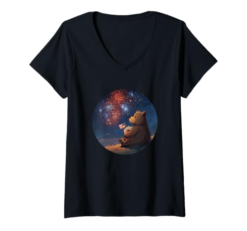 Damen Patriotischer Bär im USA-Stil mit Feuerwerk und Popcorn T-Shirt mit V-Ausschnitt Damen Patriotischer Bär im USA-Stil mit Feuerwerk und Popcorn T-Shirt mit V-Ausschnitt von Firework Bear Outfit
