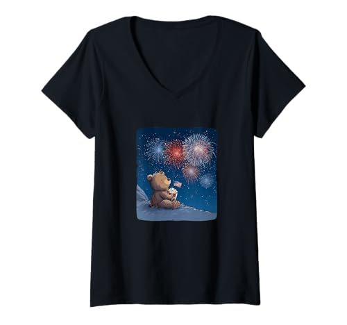 Damen Patriotisches Feuerwerk mit Popcorn und coolem Bärenkostüm T-Shirt mit V-Ausschnitt Damen Patriotisches Feuerwerk mit Popcorn und coolem Bärenkostüm T-Shirt mit V-Ausschnitt von Firework Bear Outfit