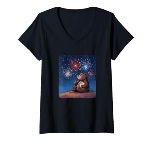 Damen Sommer Feuerwerk mit coolem Bär Kostüm für Mann und Frau T-Shirt mit V-Ausschnitt Damen Sommer Feuerwerk mit coolem Bär Kostüm für Mann und Frau T-Shirt mit V-Ausschnitt von Firework Bear Outfit