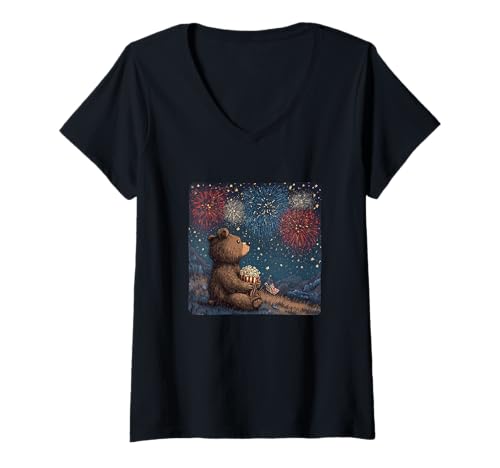 Damen Süßer Bär mit Feuerwerk für Feierliebhaber T-Shirt mit V-Ausschnitt Damen Süßer Bär mit Feuerwerk für Feierliebhaber T-Shirt mit V-Ausschnitt von Firework Bear Outfit