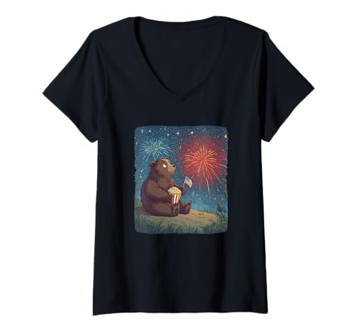 Damen Tolle Feuerwerk-Grafik mit hübschem Bärenkostüm T-Shirt mit V-Ausschnitt von Firework Bear Outfit
