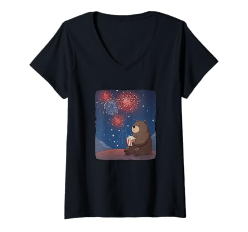 Damen Toller Bär mit Feuerwerk und Popcorn Kostüm T-Shirt mit V-Ausschnitt Damen Toller Bär mit Feuerwerk und Popcorn Kostüm T-Shirt mit V-Ausschnitt von Firework Bear Outfit