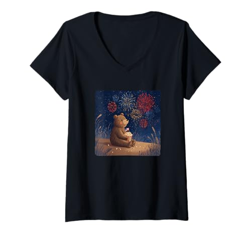 Damen Tolles Feuerwerk Feier mit Bär und Popcorn Kostüm T-Shirt mit V-Ausschnitt Damen Tolles Feuerwerk Feier mit Bär und Popcorn Kostüm T-Shirt mit V-Ausschnitt von Firework Bear Outfit