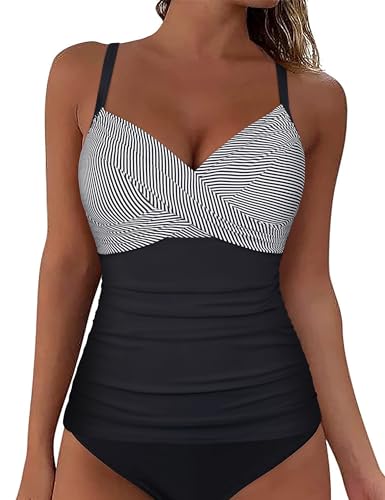 Firpearl Bügel-Tankini-Badeanzüge für Damen, gedrehter V-Ausschnitt, Badeoberteil für große Brustkontrolle, Badeanzug, nur Oberteile, Schwarz-weiße Streifen, 38 von Firpearl