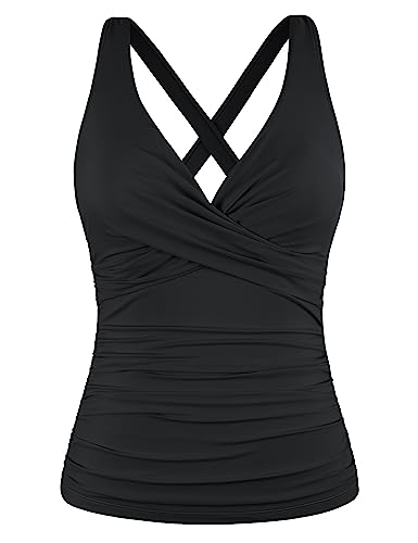 Firpearl Damen Bügel-Tankini-Top nur Twist V-Ausschnitt Badeanzüge für große Brüste geraffte Bauchkontrolle Badeanzüge Top, Schwarz, 18 von Firpearl