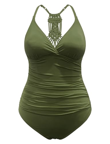 Firpearl Damen Einteiler Badeanzüge V Ausschnitt Hand-Braid Makramee Gerüscht Bauchweg Bademode - - 40 von Firpearl