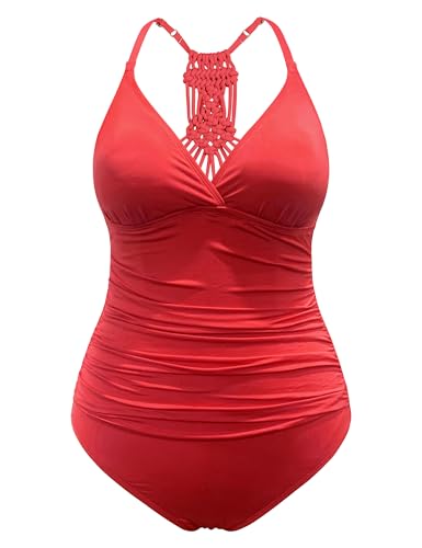 Firpearl Damen Einteiler Badeanzüge V Ausschnitt Hand-Braid Makramee Gerüscht Bauchweg Bademode - Orange - 42 von Firpearl