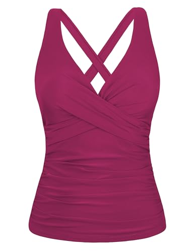 Firpearl Damen-Tankini-Top, Bügel-Tankini, nur gedrehter V-Ausschnitt, Badeanzüge für große Brust, gerüscht, Bauchkontrolle, Badeanzüge Top, Amaranth, 42 von Firpearl