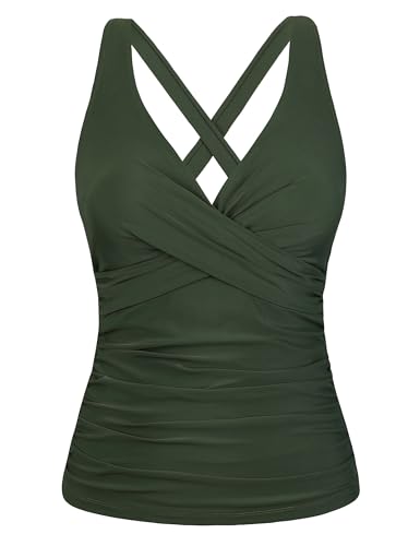 Firpearl Damen-Tankini-Top, Bügel-Tankini, nur gedrehter V-Ausschnitt, Badeanzüge für große Brust, gerüscht, Bauchkontrolle, Badeanzüge Top, Deep Army Green, 16 von Firpearl