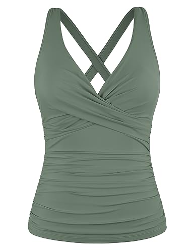 Firpearl Damen-Tankini-Top, Bügel-Tankini, nur gedrehter V-Ausschnitt, Badeanzüge für große Brust, gerüscht, Bauchkontrolle, Badeanzüge Top, Grün (Army Green), 42 von Firpearl