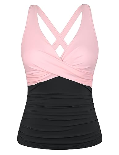 Firpearl Damen-Tankini-Top, Bügel-Tankini, nur gedrehter V-Ausschnitt, Badeanzüge für große Brust, gerüscht, Bauchkontrolle, Badeanzüge Top, Pink/Schwarz, 42 von Firpearl