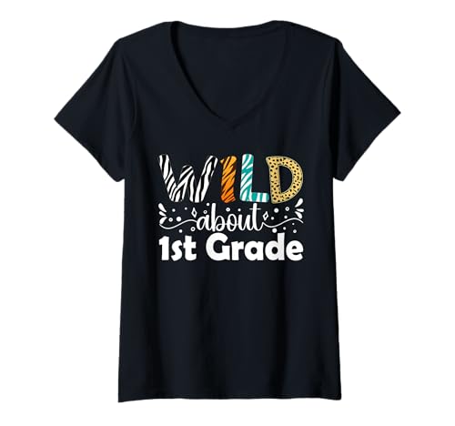 Damen Verrückt nach dem Schulanfang der 1. Klasse Lustiger Lehrerschüler T-Shirt mit V-Ausschnitt Damen Verrückt nach dem Schulanfang der 1. Klasse Lustiger Lehrerschüler T-Shirt mit V-Ausschnitt von First 1st Graders Team Wild Teaching Learning Tees