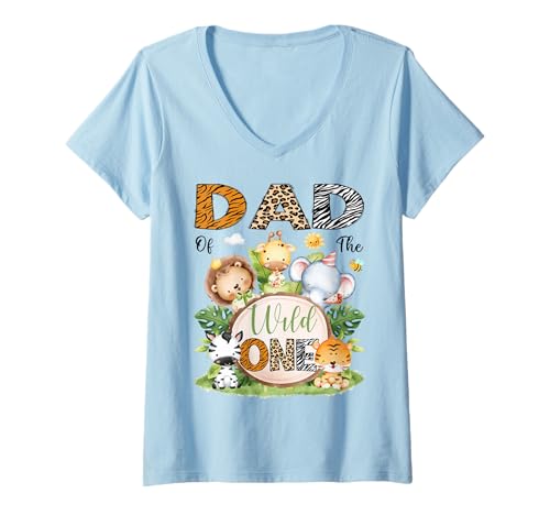 Damen Dad of The Wild One Safari Dschungel 1. Geburtstag Kinder T-Shirt mit V-Ausschnitt von First Birthday Matching Safari Jungle Animals
