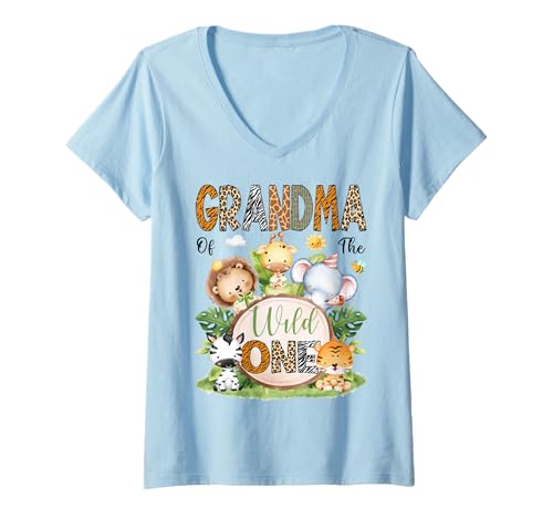 Damen Grandma of The Wild One Safari Dschungel 1. Geburtstag Kinder T-Shirt mit V-Ausschnitt von First Birthday Matching Safari Jungle Animals
