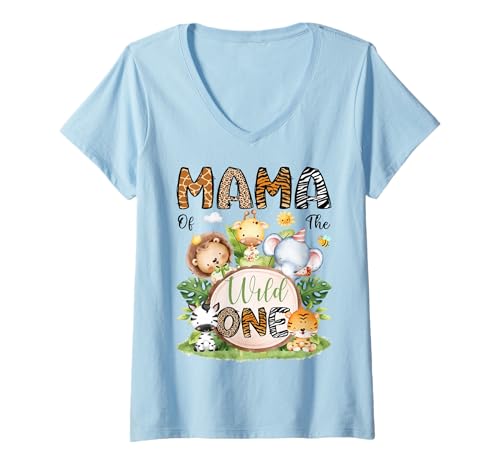 Damen Mama of The Wild One Safari Dschungel 1. Geburtstag Junge T-Shirt mit V-Ausschnitt von First Birthday Matching Safari Jungle Animals