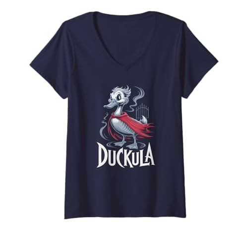Damen Kawaii Halloween GRAF DUCKULA Farmer Duck Horror Movie T-Shirt mit V-Ausschnitt Damen Kawaii Halloween GRAF DUCKULA Farmer Duck Horror Movie T-Shirt mit V-Ausschnitt von First Black Cat Witch Candy Humor