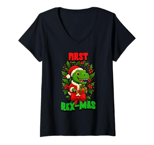Damen First Rex-Mas Süßer Dinosaurier Festlich Weihnachten T-Shirt mit V-Ausschnitt Damen First Rex-Mas Süßer Dinosaurier Festlich Weihnachten T-Shirt mit V-Ausschnitt von First Christmas T-Rex Dino XMAS Wreath Holidays