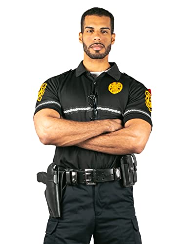 First Class Sicherheitsabzeichen und Patch Bike Patrol Poloshirt mit Reißverschlusstasche und reflektierenden Hash-Streifen, Schwarz mit goldenem Id, XL von First Class