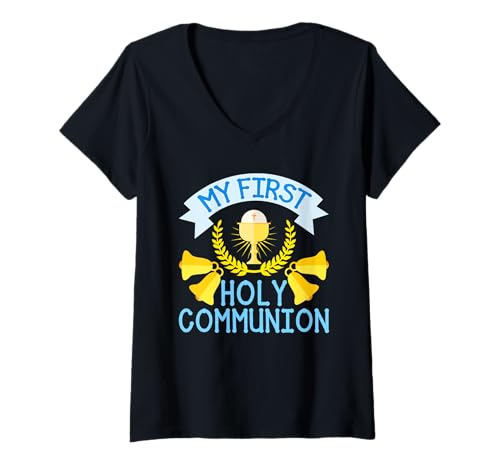 Damen Mein Geschenk zur Erstkommunion für Kinder, Kelchkreuz, Jungen und Mädchen T-Shirt mit V-Ausschnitt Damen Mein Geschenk zur Erstkommunion für Kinder, Kelchkreuz, Jungen und Mädchen T-Shirt mit V-Ausschnitt von First Communion Tees
