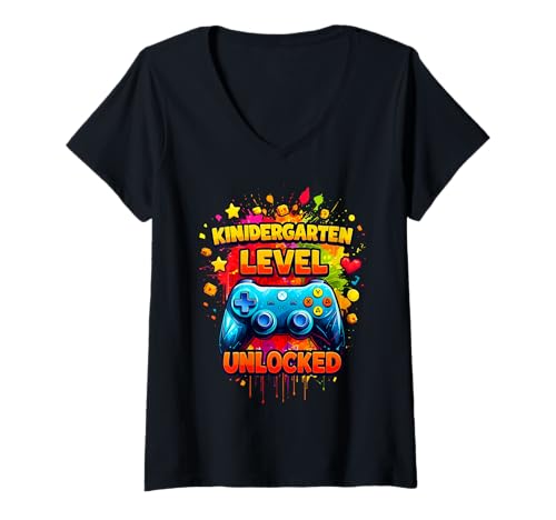Damen Kindergarten-Level freigeschaltet – Gamer Back to School T-Shirt mit V-Ausschnitt von First Day Gamer Kids Collection