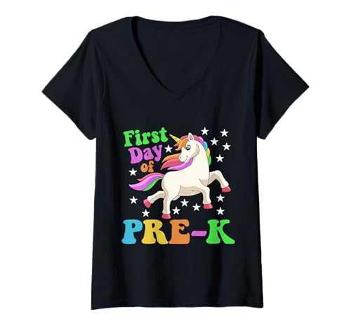 Damen Lustiger erster Tag der Pre-K Einhorn Back To School Kids T-Shirt mit V-Ausschnitt Damen Lustiger erster Tag der Pre-K Einhorn Back To School Kids T-Shirt mit V-Ausschnitt von First Day Of Back To School Unicorn Teacher Boys