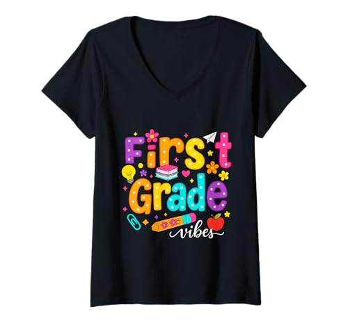 Damen Preppy First Grade Vibes Back to School 1. Klasse Mädchen Jungen T-Shirt mit V-Ausschnitt von First Day Of Back to School First Grade Vibes tees