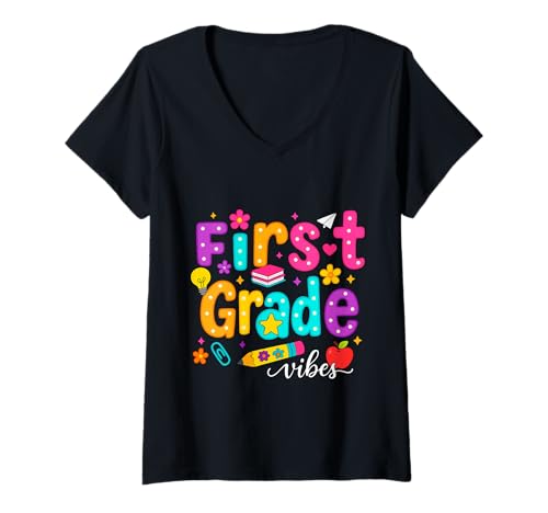 Damen Preppy First Grade Vibes Back to School 1. Klasse Mädchen Jungen T-Shirt mit V-Ausschnitt von First Day Of Back to School First Grade Vibes tees