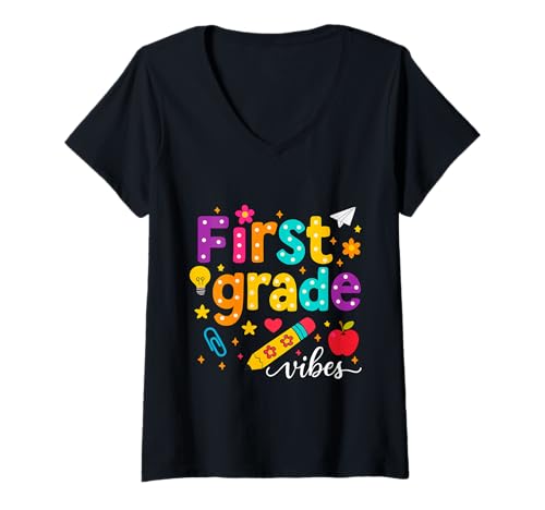 Damen Preppy First Grade Vibes Back to School 1. Klasse Mädchen Jungen T-Shirt mit V-Ausschnitt von First Day Of Back to School First Grade Vibes tees