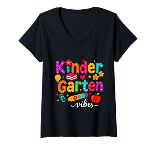 Damen Preppy Kindergarten Vibes Zurück in die Schule Lehrer Mädchen Jungen T-Shirt mit V-Ausschnitt Damen Preppy Kindergarten Vibes Zurück in die Schule Lehrer Mädchen Jungen T-Shirt mit V-Ausschnitt von First Day Of Back to School Kindergarten Vibes tee