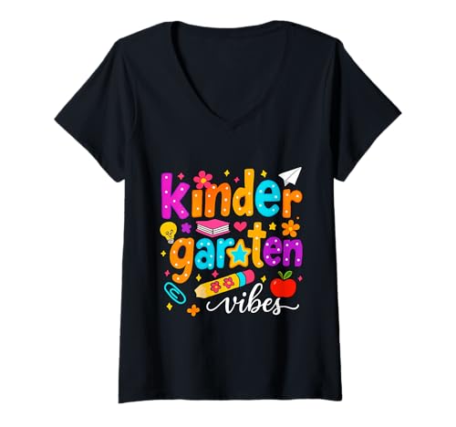 Damen Preppy Kindergarten Vibes Zurück in die Schule Lehrer Mädchen Jungen T-Shirt mit V-Ausschnitt von First Day Of Back to School Kindergarten Vibes tee